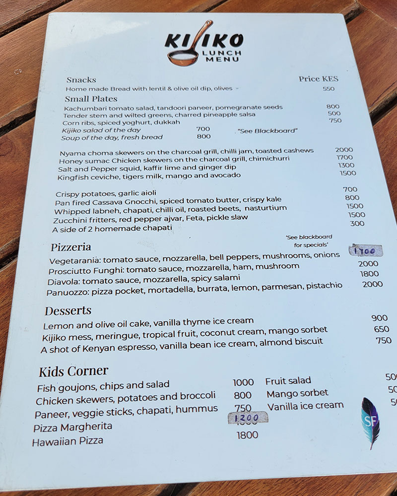 menu Kijiko restaurant Naivasha Sanctuary Farm