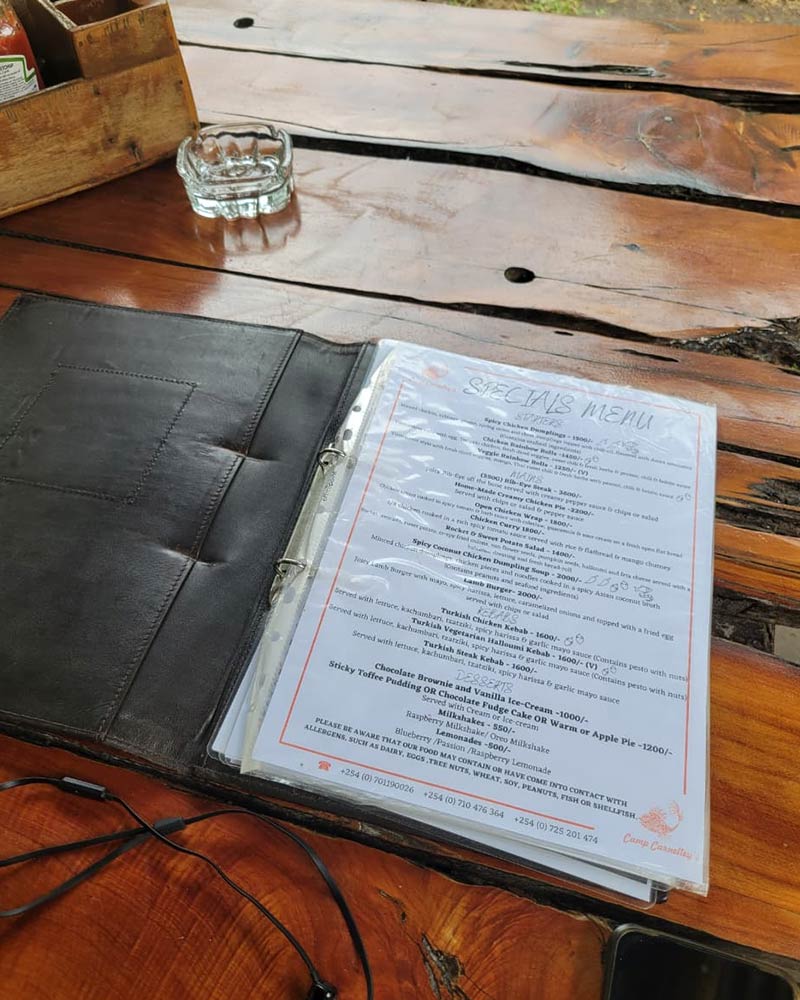 Menu Kijiko Restaurant Naivasha South Lake Camp Carnellys places to eat